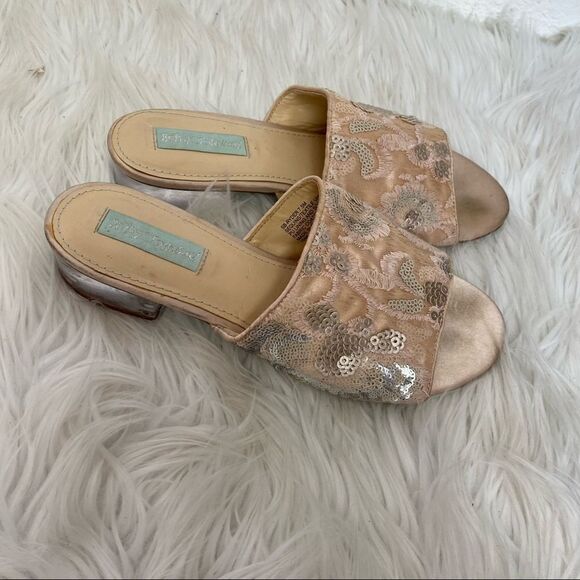 Betsy Johnson SR-Ryder blush sequins embroidered lucite block heel slides 7.5 - Picture 10 of 13